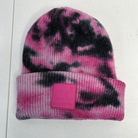 C.C Exclusive Adult Pink Tie Dye Beanie Cuffed Skull Cap Rubber Patch Heavy Knit - Picture 4 of 10